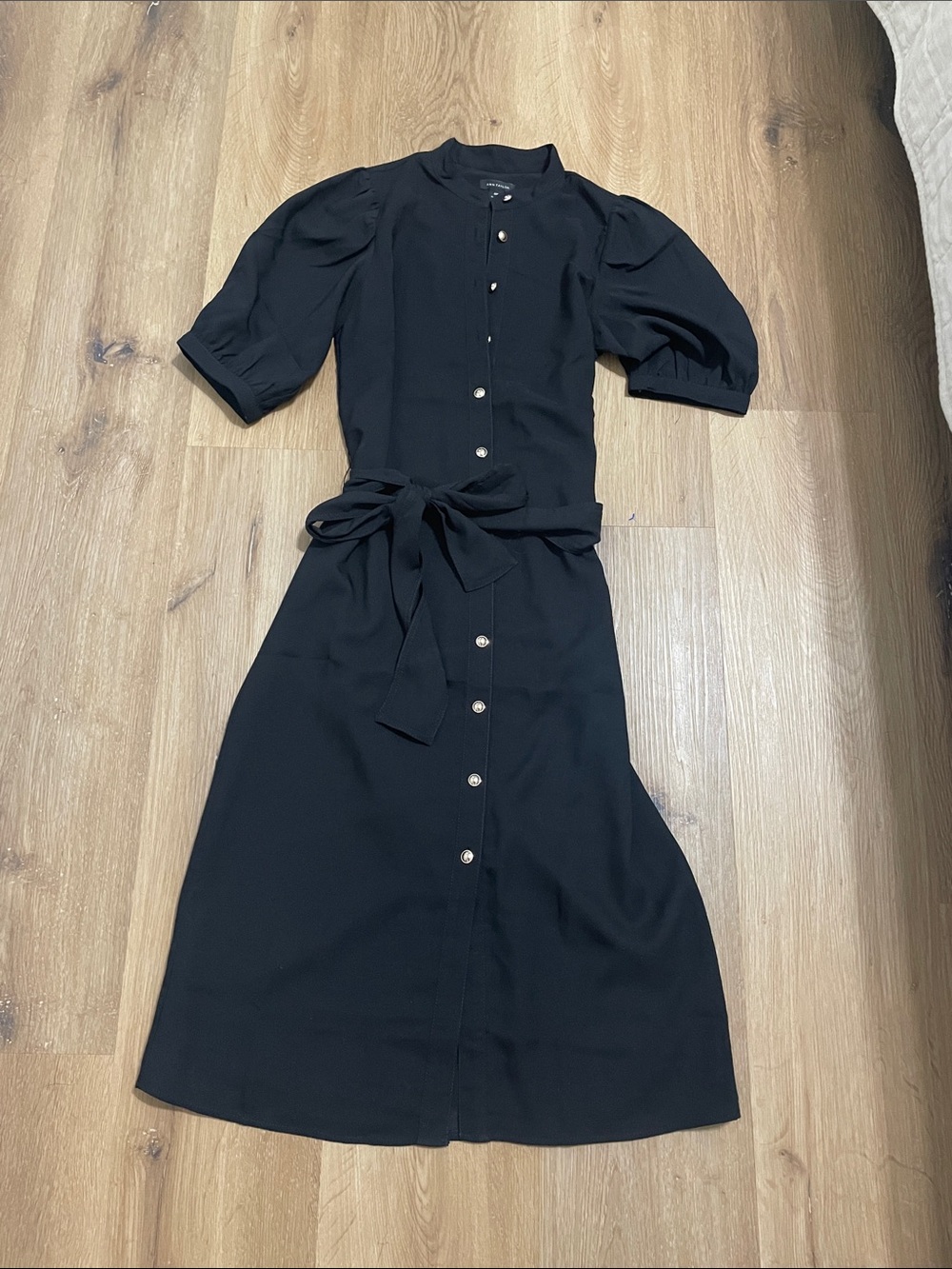 Ann Taylor Black Midi Dress with Puff Sleeves & Tie Waist